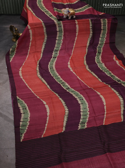 Pure tussar silk saree multi colour and wine shade with allover leheriya style prints and simple border
