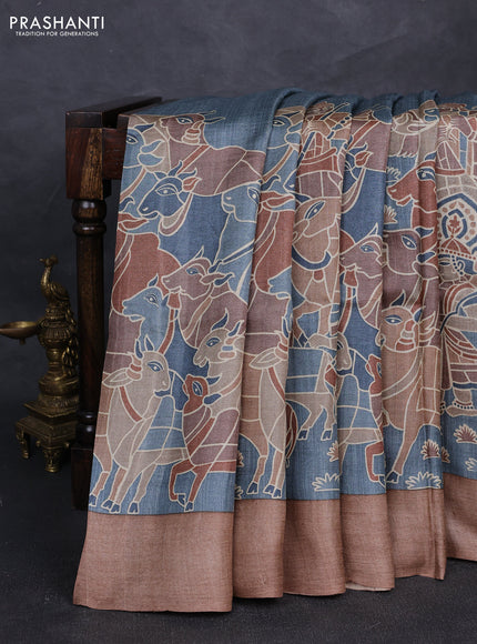 Pure tussar silk saree grey and brown with prints and simple border