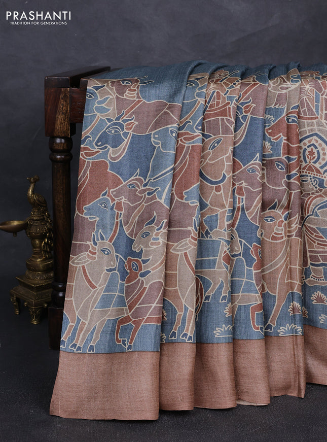 Pure tussar silk saree grey and brown with prints and simple border