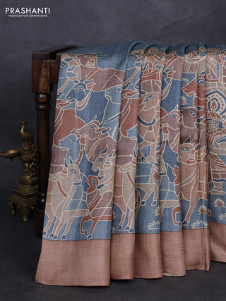 Pure tussar silk saree grey and brown with prints and simple border