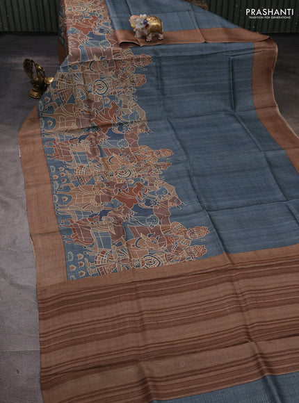 Pure tussar silk saree grey and brown with prints and simple border