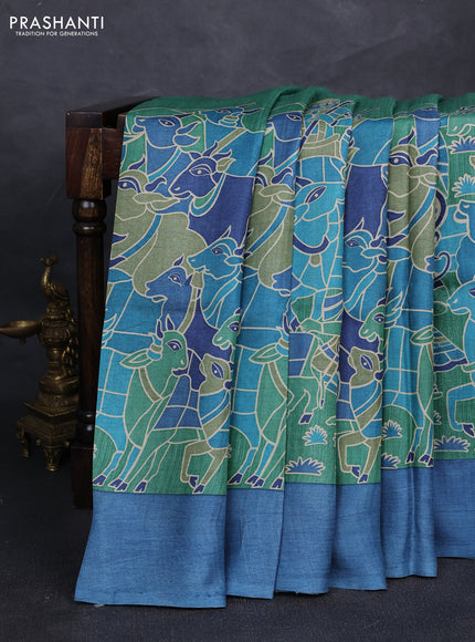 Pure tussar silk saree green and blue with prints and simple border