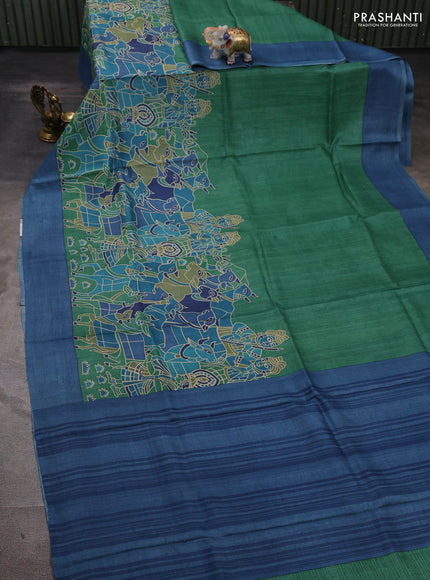 Pure tussar silk saree green and blue with prints and simple border