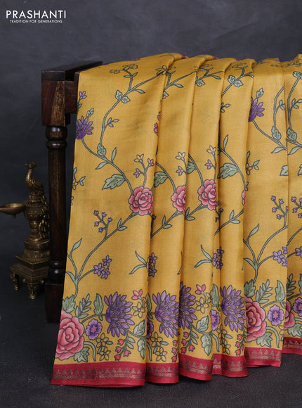 Pure tussar silk saree mustard yellow and maroon with allover floral prints and small zari woven border