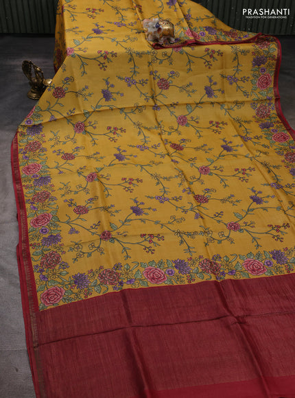 Pure tussar silk saree mustard yellow and maroon with allover floral prints and small zari woven border