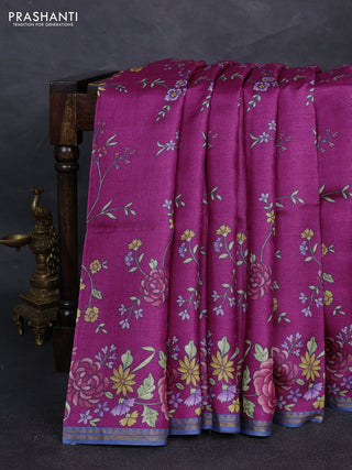 Pure tussar silk saree magenta pink and bluish grey with allover floral prints and small zari woven border