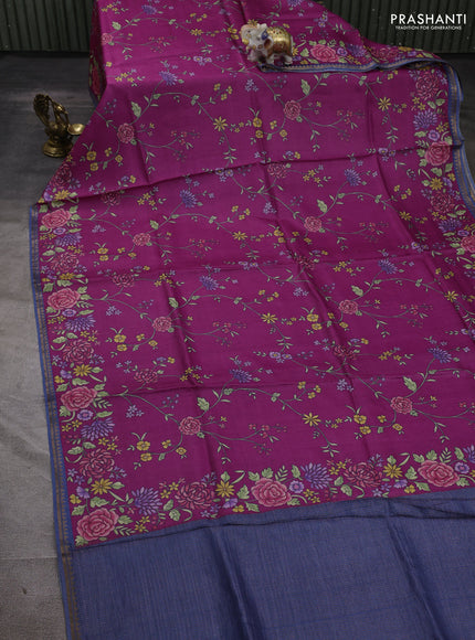 Pure tussar silk saree magenta pink and bluish grey with allover floral prints and small zari woven border