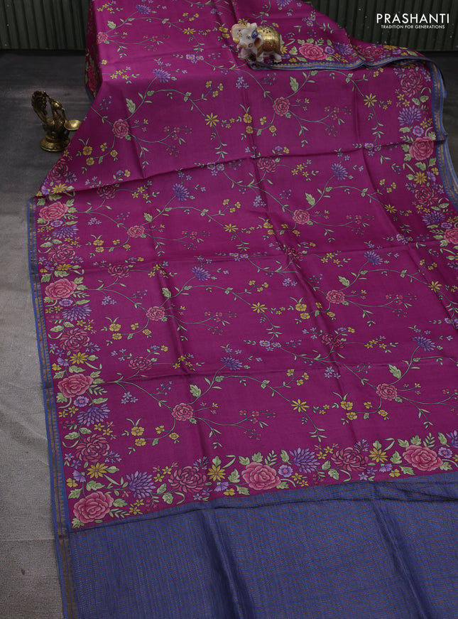 Pure tussar silk saree magenta pink and bluish grey with allover floral prints and small zari woven border