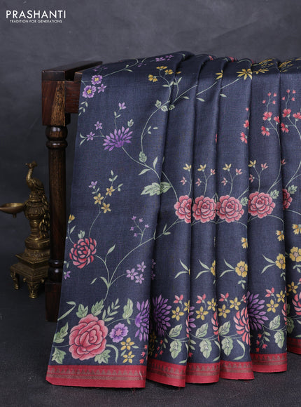 Pure tussar silk saree elephant grey and maroon with allover floral prints and small zari woven border
