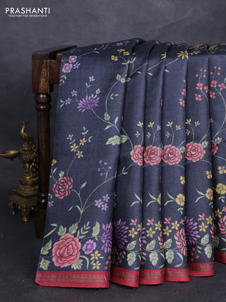 Pure tussar silk saree elephant grey and maroon with allover floral prints and small zari woven border