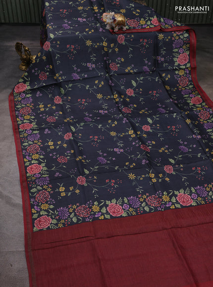 Pure tussar silk saree elephant grey and maroon with allover floral prints and small zari woven border