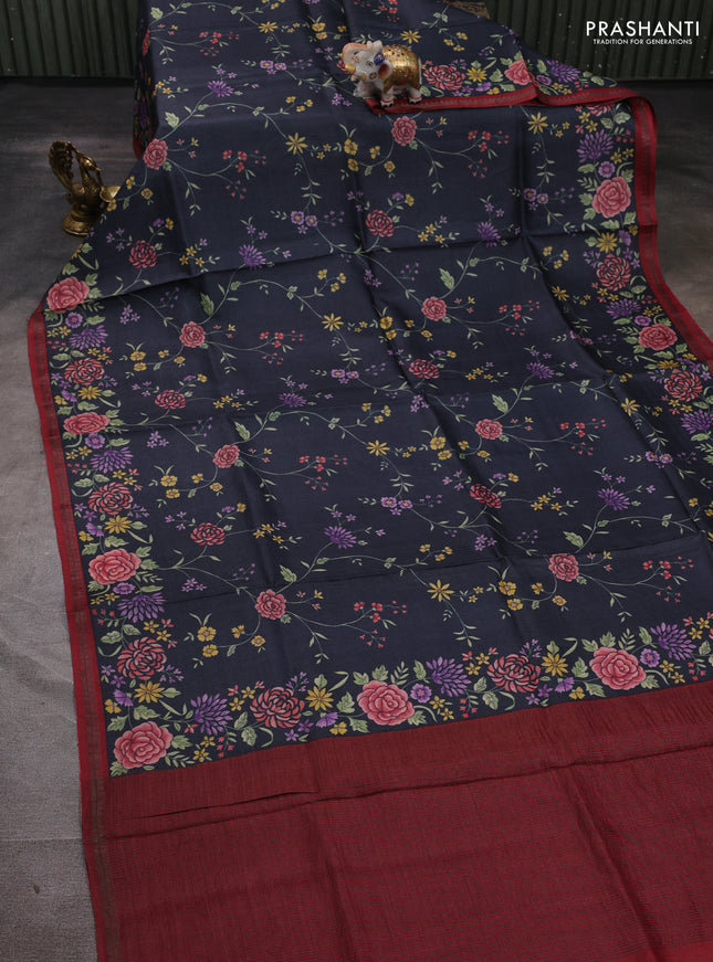 Pure tussar silk saree elephant grey and maroon with allover floral prints and small zari woven border