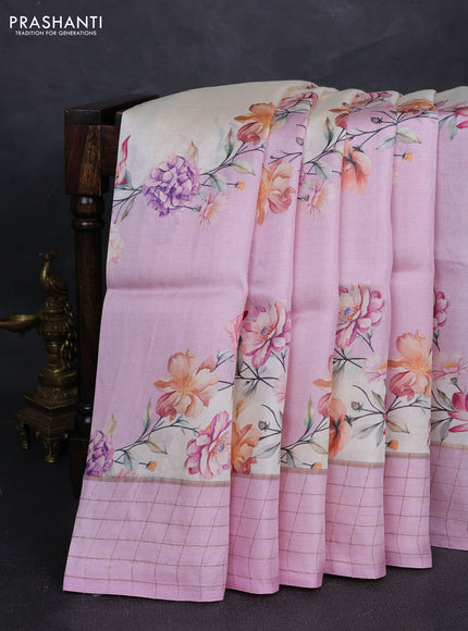 Pure tussar silk saree lotus pink and cream with allover floral prints and zari woven checked border