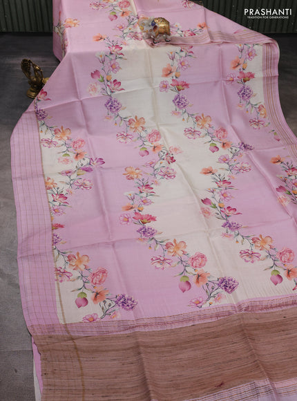 Pure tussar silk saree lotus pink and cream with allover floral prints and zari woven checked border