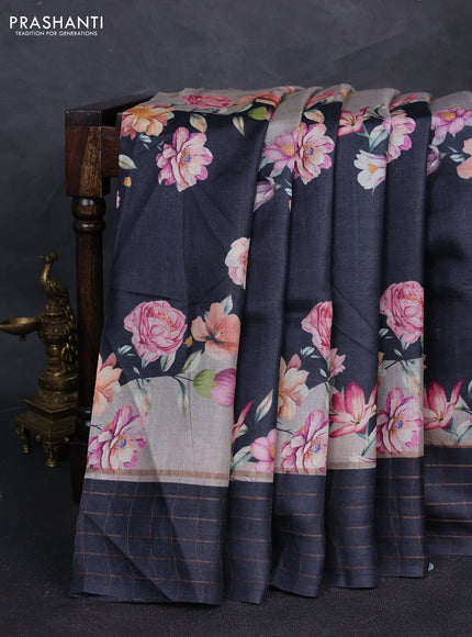 Pure tussar silk saree pastel grey and black with allover floral prints and zari woven checked border