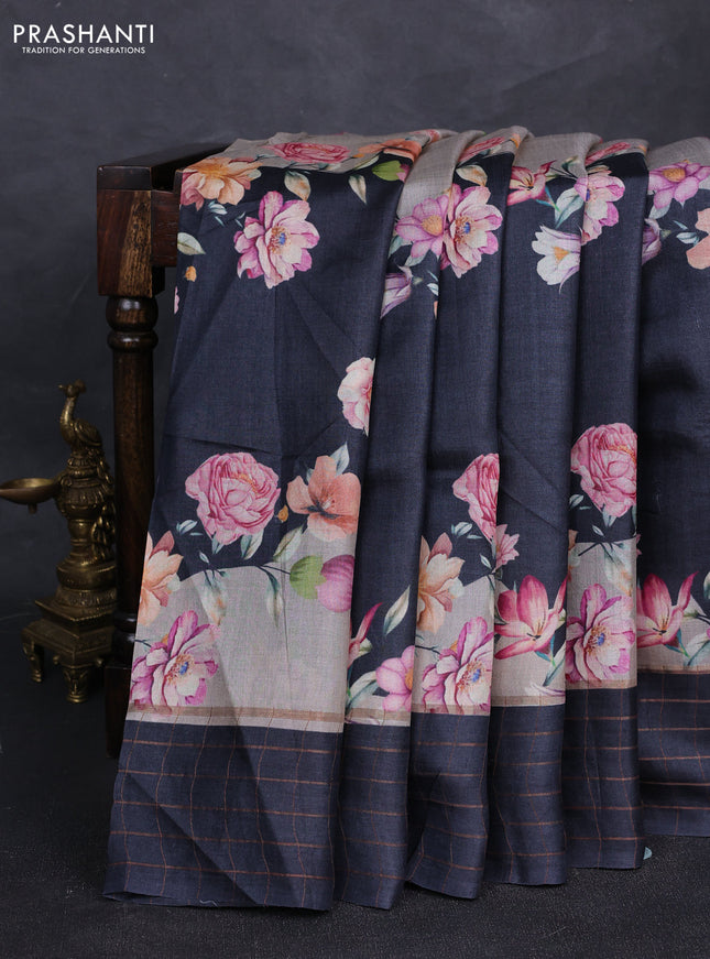 Pure tussar silk saree pastel grey and black with allover floral prints and zari woven checked border