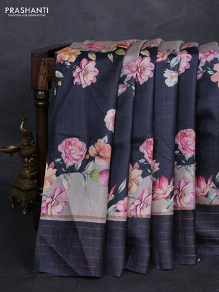Pure tussar silk saree pastel grey and black with allover floral prints and zari woven checked border