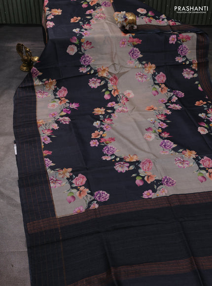 Pure tussar silk saree pastel grey and black with allover floral prints and zari woven checked border