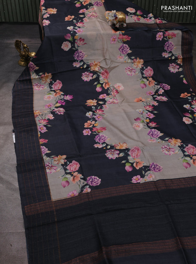Pure tussar silk saree pastel grey and black with allover floral prints and zari woven checked border
