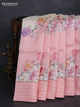 Pure tussar silk saree peach shade and cream with allover floral prints and zari woven checked border