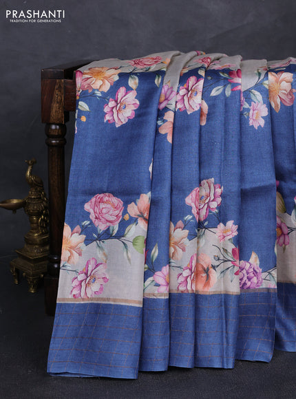 Pure tussar silk saree pastel grey and peacock blue with allover floral prints and zari woven checked border
