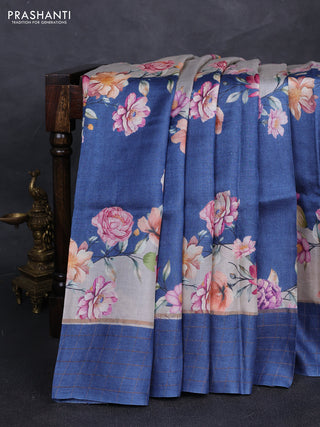 Pure tussar silk saree pastel grey and peacock blue with allover floral prints and zari woven checked border