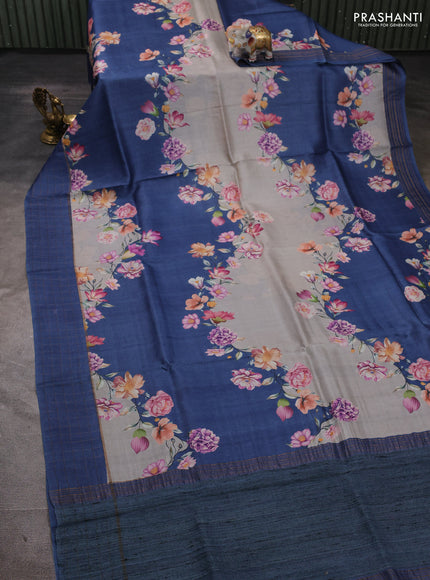 Pure tussar silk saree pastel grey and peacock blue with allover floral prints and zari woven checked border