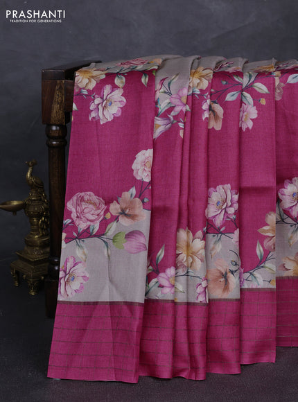 Pure tussar silk saree pastel grey and pink with allover floral prints and zari woven checked border