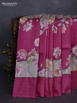 Pure tussar silk saree pastel grey and pink with allover floral prints and zari woven checked border