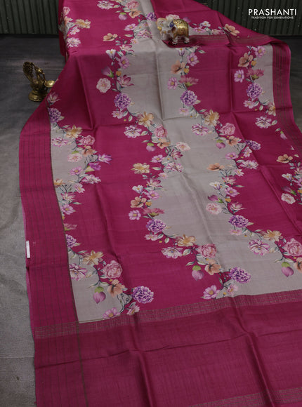 Pure tussar silk saree pastel grey and pink with allover floral prints and zari woven checked border
