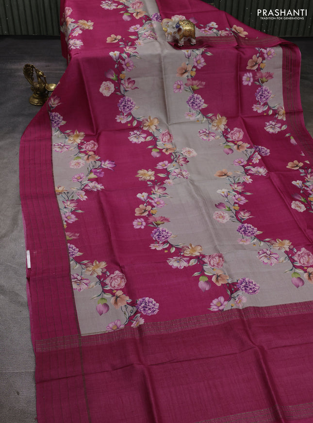Pure tussar silk saree pastel grey and pink with allover floral prints and zari woven checked border