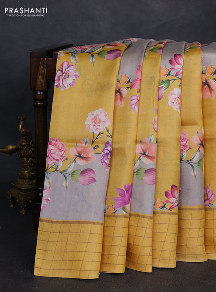 Pure tussar silk saree pastel grey and yellow with allover floral prints and zari woven checked border