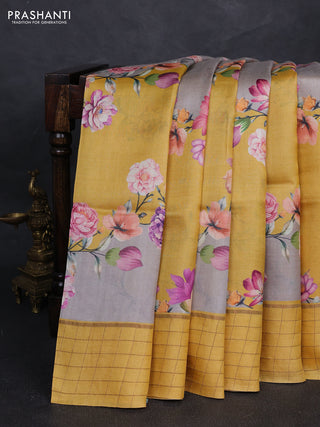 Pure tussar silk saree pastel grey and yellow with allover floral prints and zari woven checked border