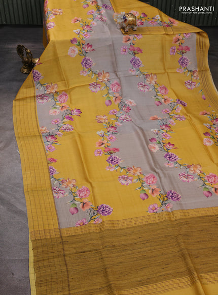 Pure tussar silk saree pastel grey and yellow with allover floral prints and zari woven checked border