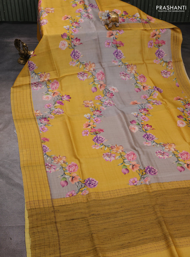 Pure tussar silk saree pastel grey and yellow with allover floral prints and zari woven checked border