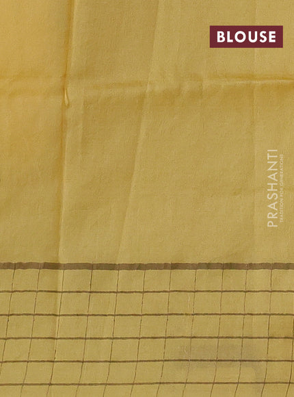 Pure tussar silk saree pastel grey and yellow with allover floral prints and zari woven checked border