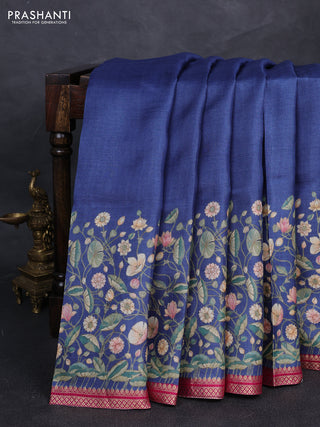 Pure tussar silk saree blue and dark pink with pichwai prints and zari woven border