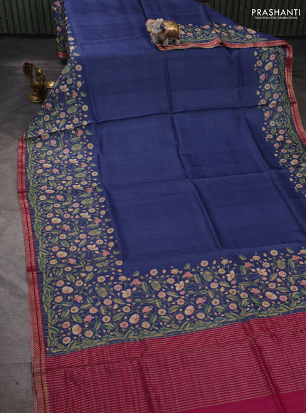 Pure tussar silk saree blue and dark pink with pichwai prints and zari woven border