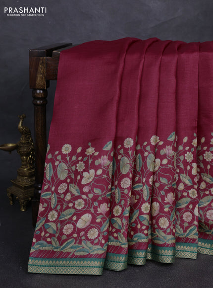 Pure tussar silk saree maroon and green with pichwai prints and zari woven border