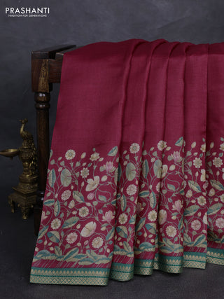 Pure tussar silk saree maroon and green with pichwai prints and zari woven border