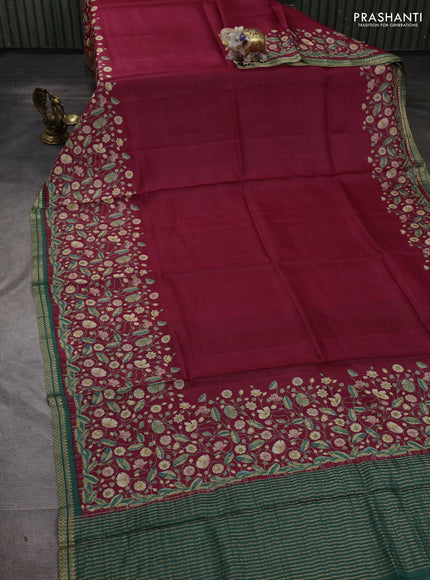 Pure tussar silk saree maroon and green with pichwai prints and zari woven border