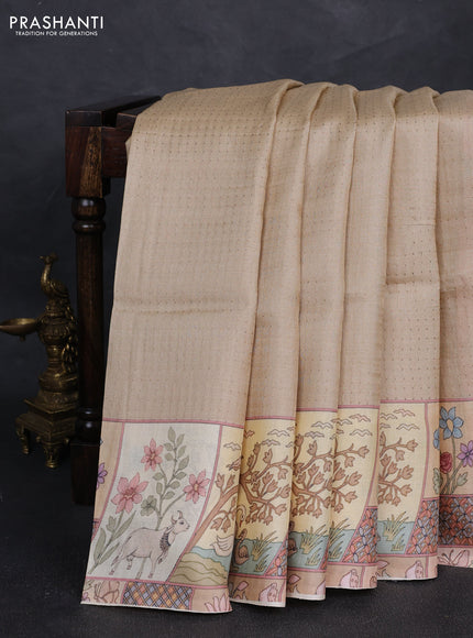 Pure tussar silk saree beige and cream with allover zari woven butta weaves and pichwai printed border