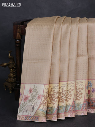 Pure tussar silk saree beige and cream with allover zari woven butta weaves and pichwai printed border