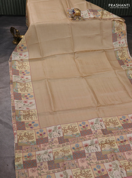 Pure tussar silk saree beige and cream with allover zari woven butta weaves and pichwai printed border
