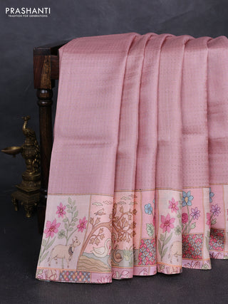Pure tussar silk saree mild peach pink and peach shade with allover zari woven butta weaves and pichwai printed border
