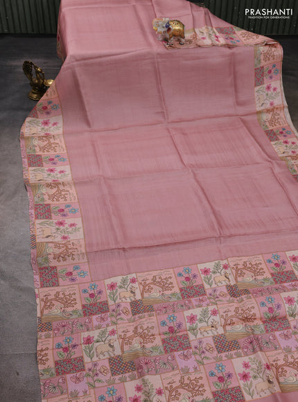 Pure tussar silk saree mild peach pink and peach shade with allover zari woven butta weaves and pichwai printed border