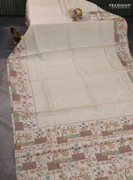 Pure tussar silk saree cream and peach shade with allover zari woven butta weaves and pichwai printed border