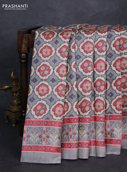 Pure tussar silk saree pastel grey and red with allover ikat prints and printed border
