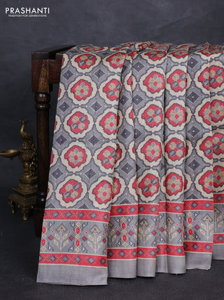 Pure tussar silk saree pastel grey and red with allover ikat prints and printed border