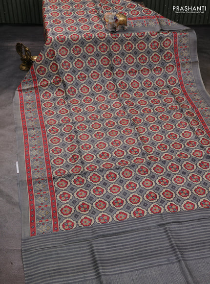 Pure tussar silk saree pastel grey and red with allover ikat prints and printed border